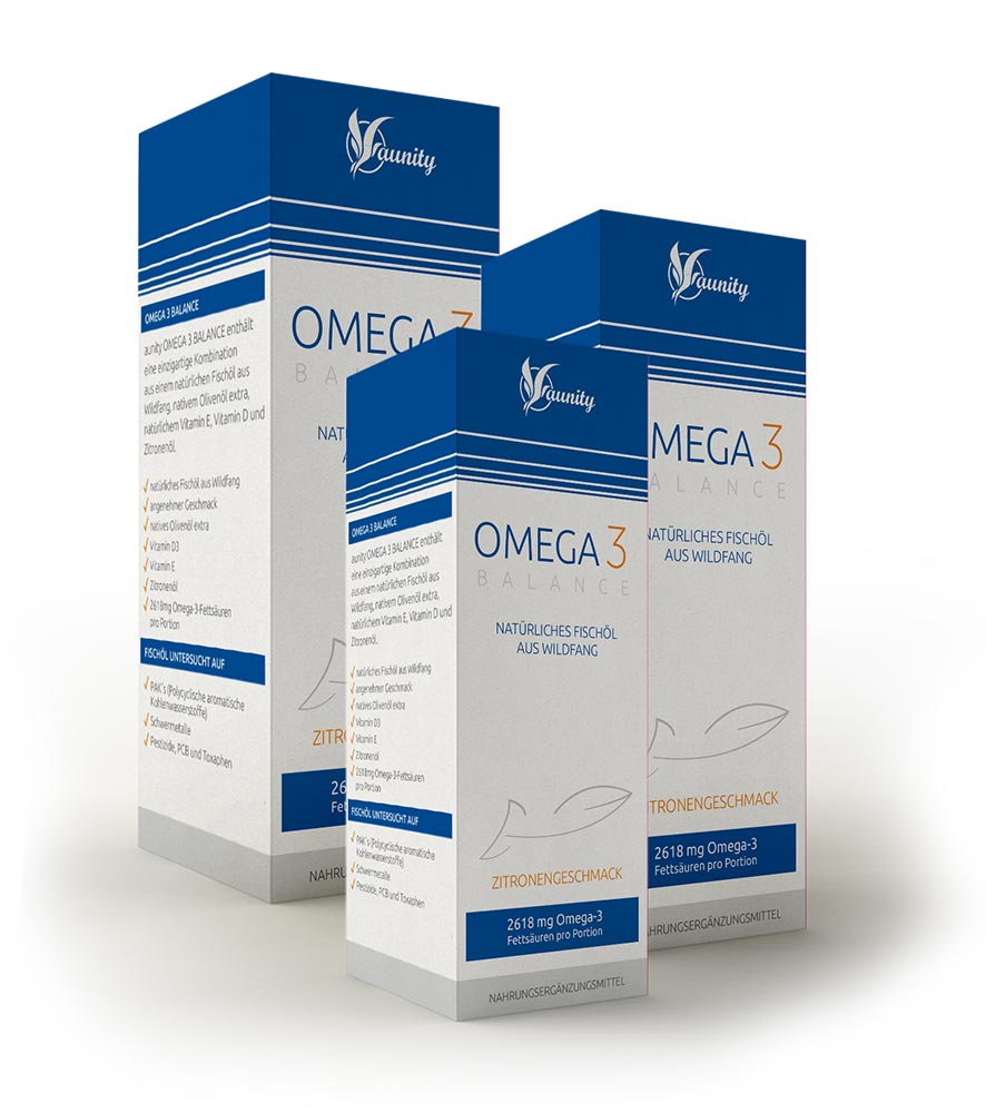 Nahrungsergänzungsmittel mit Omega 3 Fettsäuren, natürlichem Vitamin E und Vitamin D aunity OMEGA3 BALANCE – Fischöl, der Schatz aus dem Meer