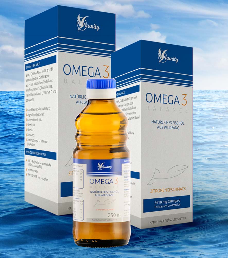 Nahrungsergänzungsmittel mit Omega 3 Fettsäuren, natürlichem Vitamin E und Vitamin D aunity OMEGA3 BALANCE – Fischöl, der Schatz aus dem Meer